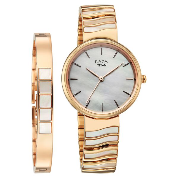 Titan Raga Power Pearls Quartz Analog Mother of Pearl Dial Rose Gold Metal Strap Watch For Women - image number 0