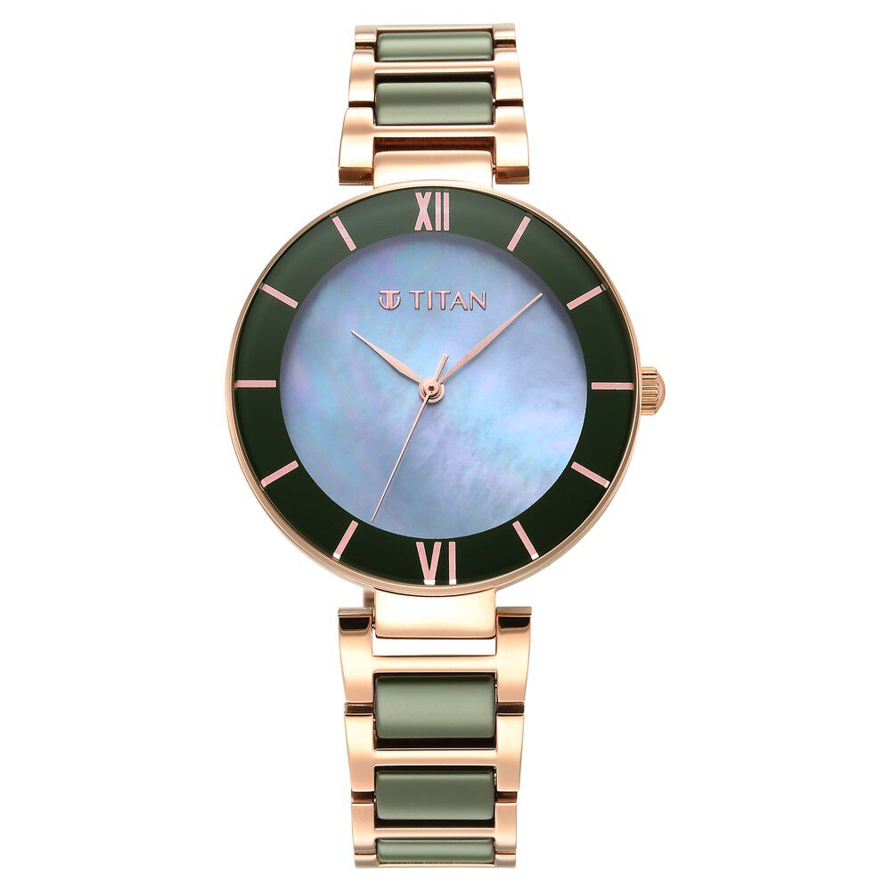 Buy Online Purple Ceramics Green Dial Steel & Ceramic Strap Watch