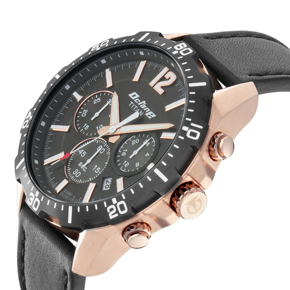 Buy Online Titan Quartz Chronograph Black Dial Leather Strap Watch