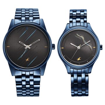 Fastrack Mixmatched Quartz Analog Black Dial Blue Stainless Steel Strap Watch for Couple