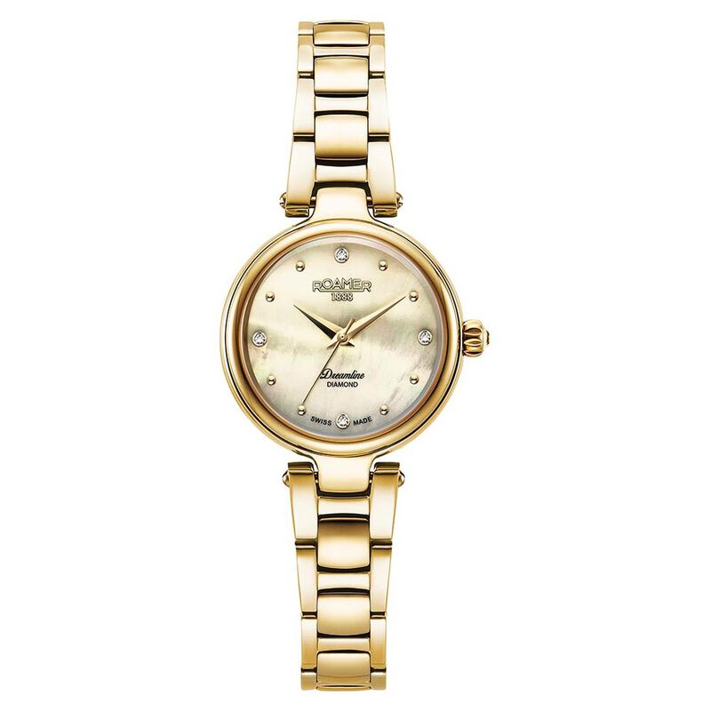 Roamer Dreamline Diamond Quartz Analog Champagne Mother of Pearl Dial Golden Stainless Steel Strap Watch For Women