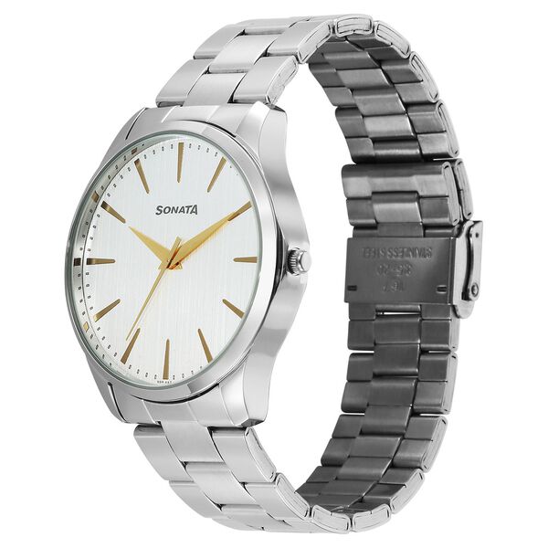 Sonata Traditional Essentials Quartz Analog Silver Dial Silver Metal Strap Watch For Men - image number 1