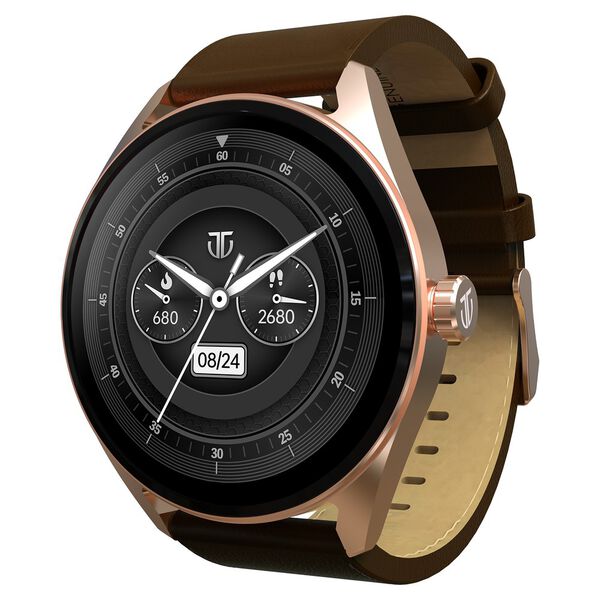 Titan Crest with 3.63 cm AMOLED Display with AOD, Functional Crown Smartwatch with Brown Leather Strap - image number 1