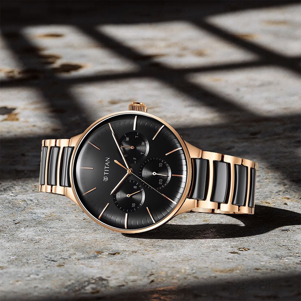 Titan Ceramic Fusion Quartz Multifunction Black Dial Rose Gold Dual-Toned Stainless Steel Bracelet Watch for Men-picture-37