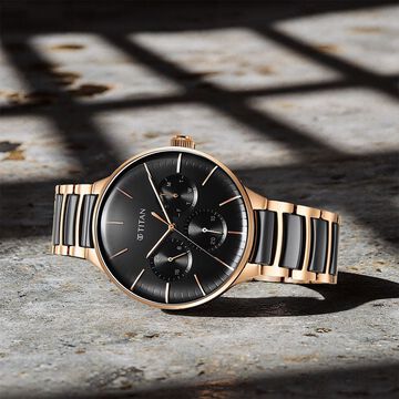 Titan Ceramic Fusion Quartz Multifunction Black Dial Rose Gold Dual-Toned Stainless Steel Bracelet Watch for Men