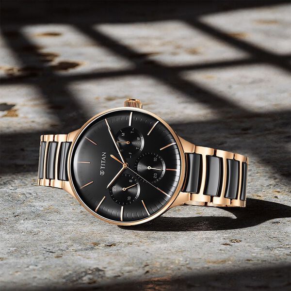 Titan Ceramic Fusion Quartz Multifunction Black Dial Rose Gold Dual-Toned Stainless Steel Bracelet Watch for Men - image number 0