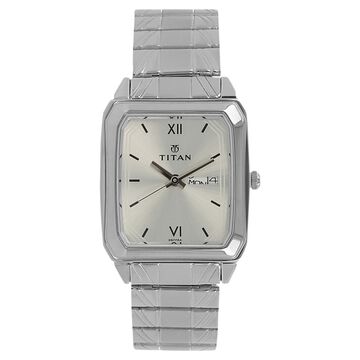Titan Quartz Analog with Day and Date Silver Dial Silver Stainless Steel Strap Rectangular Shaped Watch For Men