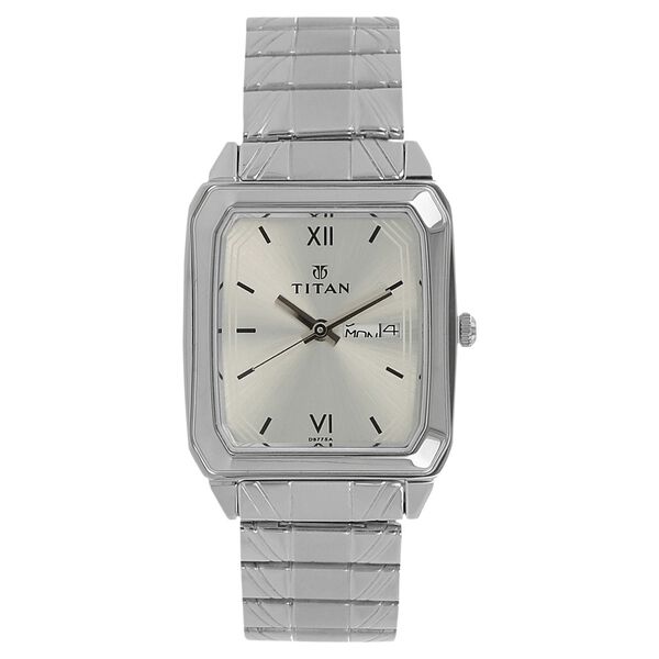 Titan Quartz Analog with Day and Date Silver Dial Silver Stainless Steel Strap Rectangular Shaped Watch For Men - image number 0