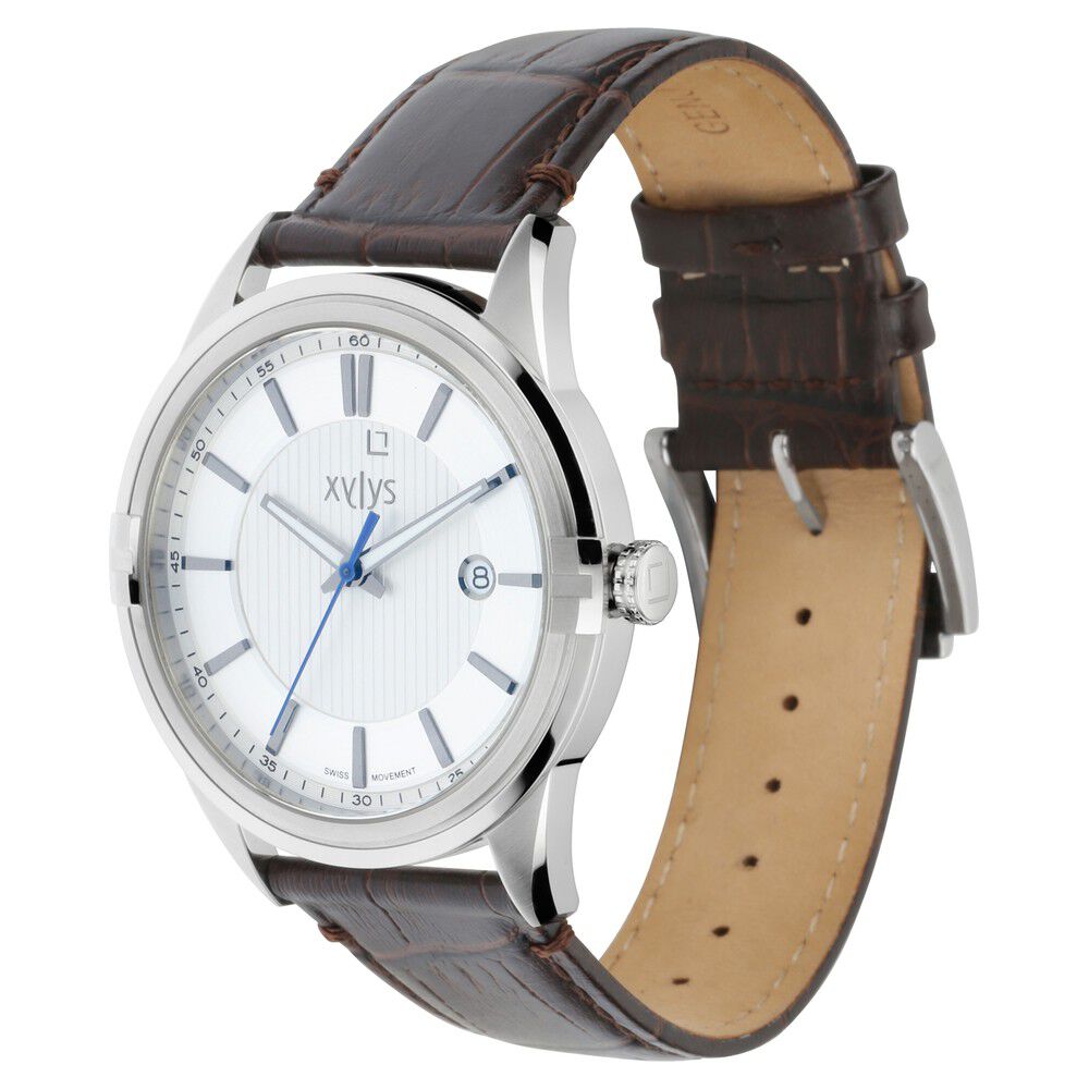 Buy Online Xylys Swiss Analog with Date Brown Leather Strap Silver