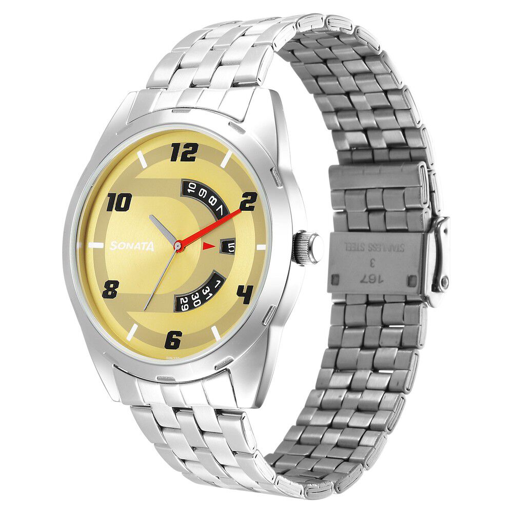 Buy Online Sonata RPM Champagne Dial Stainless Steel Strap Watch for Men 7149sm02 Titan