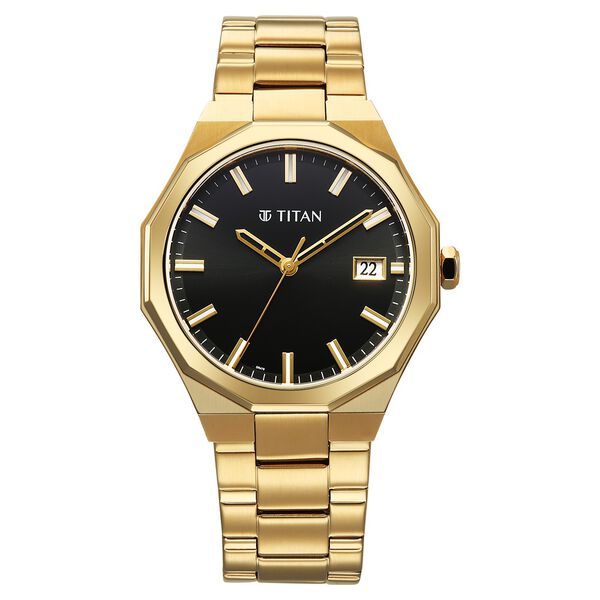 Titan Regalia Dodecagon Quartz Analog with Date Black Dial Golden Stainless Steel Strap Watch For Men - image number 1