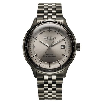 Titan Weekender 60 Hours Power Reserve Concealed Automatic Analog Gun Dial Dark Gun Stainless Steel Strap Watch for Men