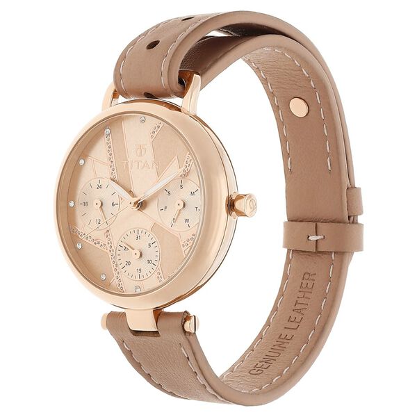 Titan Quartz Multifunction Rose Gold Dial Leather Strap Watch for Women - image number 2