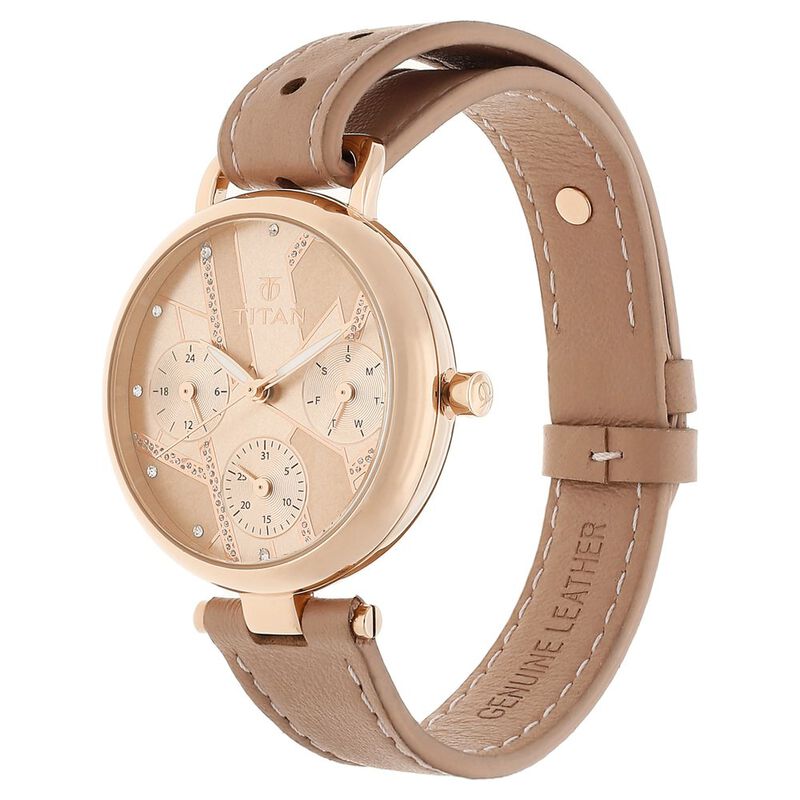 Titan Quartz Multifunction Rose Gold Dial Leather Strap Watch for Women - image number 2