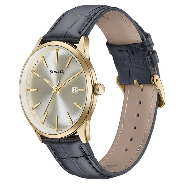 Sonata Wedding Edit Quartz Analog with Date Golden Dial Leather Strap Watch For Men - image number 3