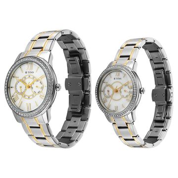 Titan Royal Bandhan Quartz Analog with Day and Date White Dial Two Toned Strap Watch For Couple