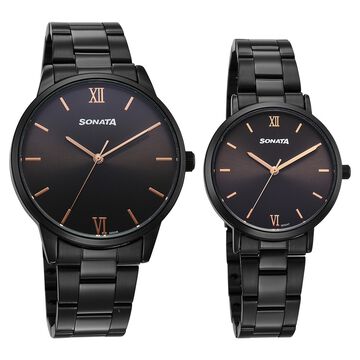 Sonata Perfect Pairs Quartz Analog Black Dial Black Metal Strap Watch For Couple