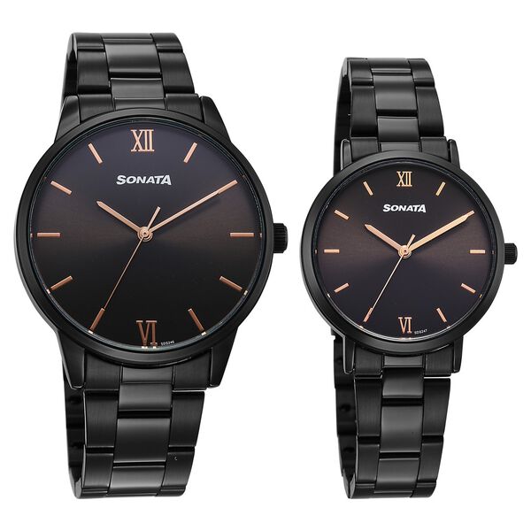 Sonata Perfect Pairs Quartz Analog Black Dial Black Metal Strap Watch For Couple - image number 0