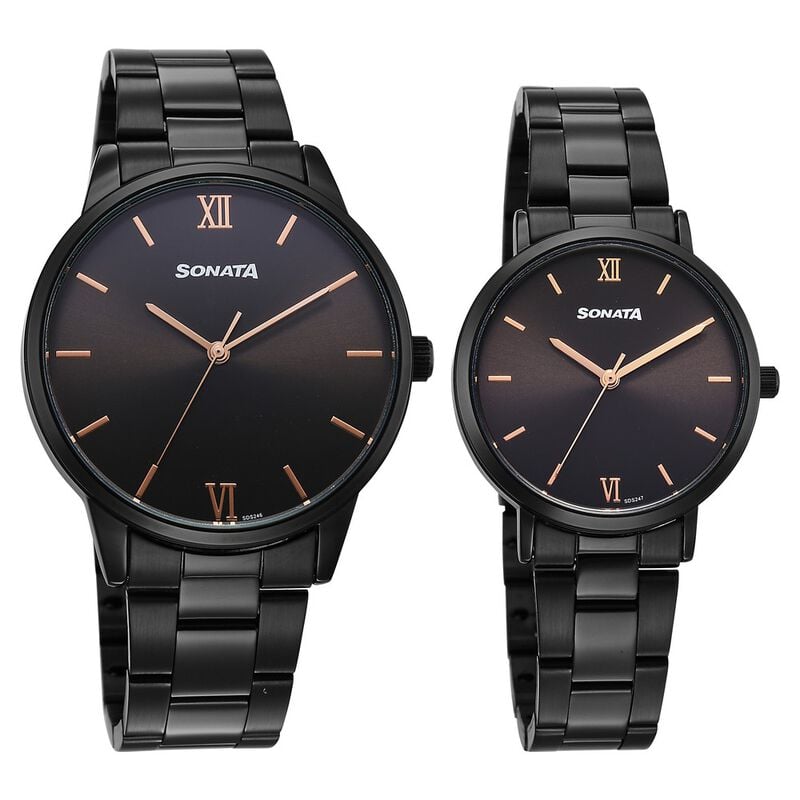 Sonata Perfect Pairs Quartz Analog Black Dial Black Metal Strap Watch For Couple