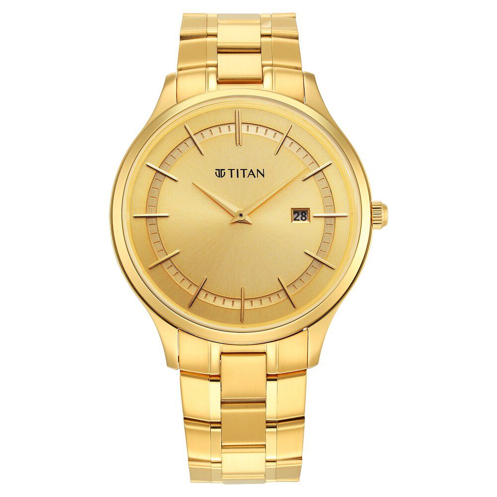 Buy Online Titan Classique Slimline Champagne Dial Analog with Day and Date Stainless Steel Strap Watch for Men ns90142ym01 Titan