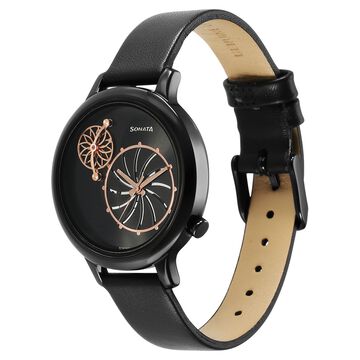 Sonata Unveil Quartz Analog Black Dial Leather Strap Watch for Women