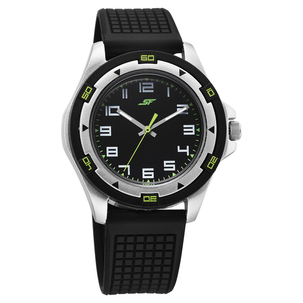 Black dial black plastic strap watch clearance