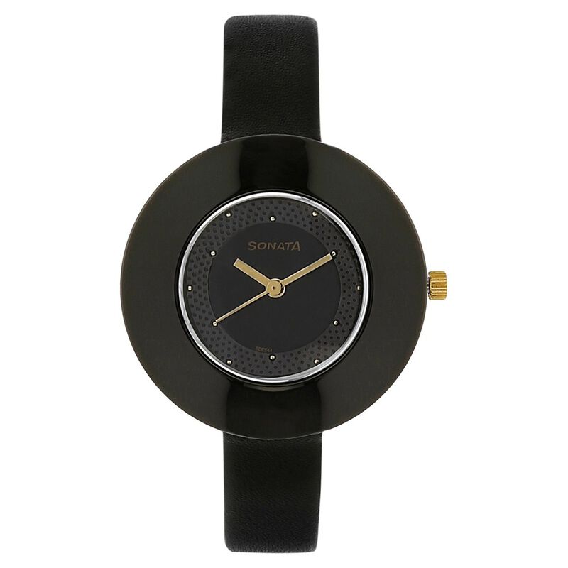 Sonata Quartz Analog Black Dial Leather Strap Watch for Women