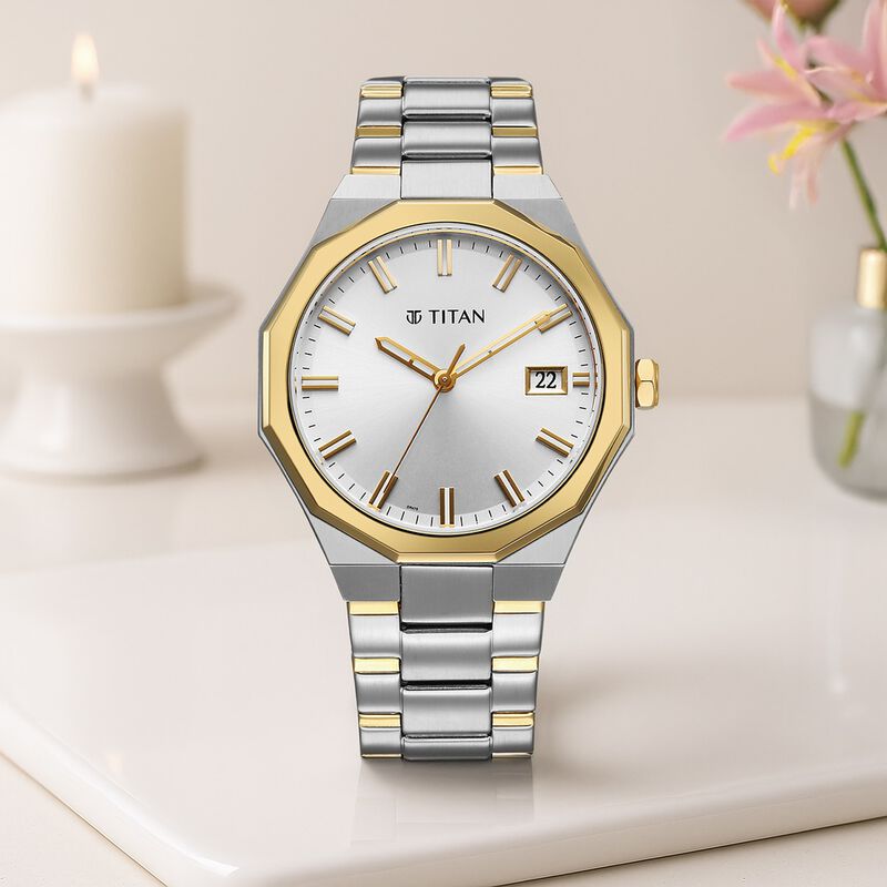 Titan Regalia Dodecagon Quartz Analog with Date Silver Dial Two Toned Stainless Steel Strap Watch For Men