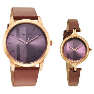 Sonata Quartz Analog Purple Dial Leather Strap Watch for Couple