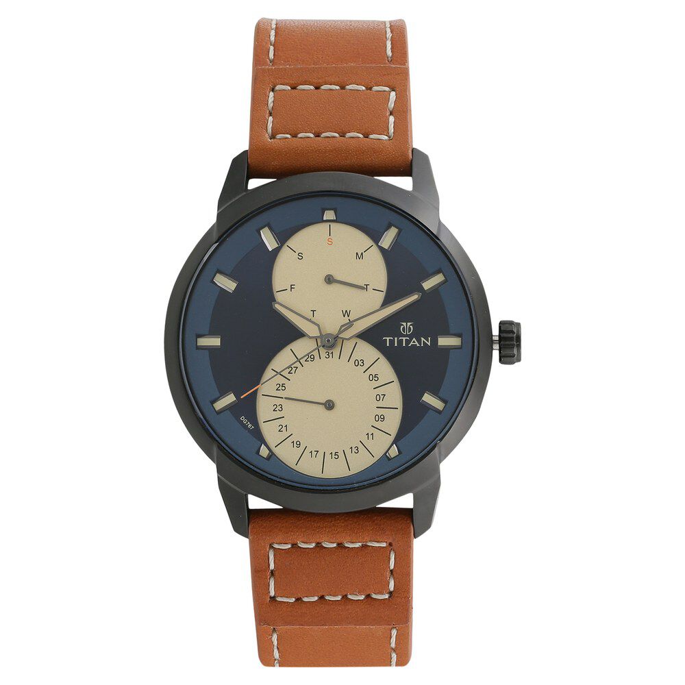 Workwear watch with blue dial & leather strap on sale