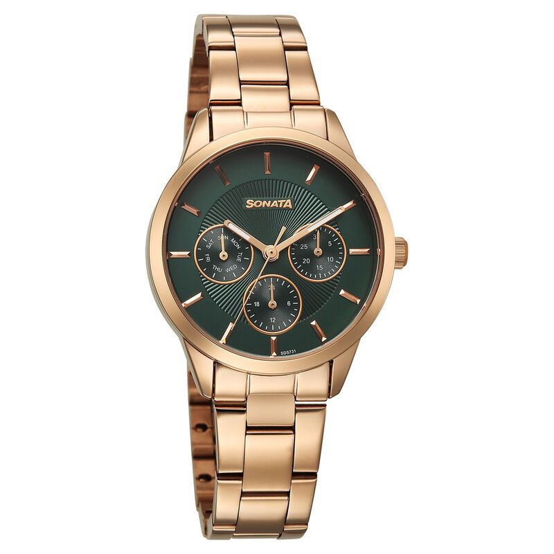 Sonata Festive Quartz Multifunction Green Dial Metal Strap Watch For Women