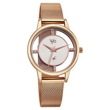 Vyb Runway By Fastrack Quartz Analog White Dial Rose Gold Stainless Steel Strap Watch For Girls