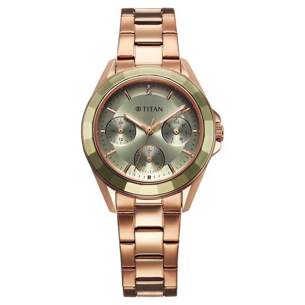 Titan Glamour Quartz Multifunction Green Dial Rose Gold Stainless Steel Strap Watch For Women - image number 0