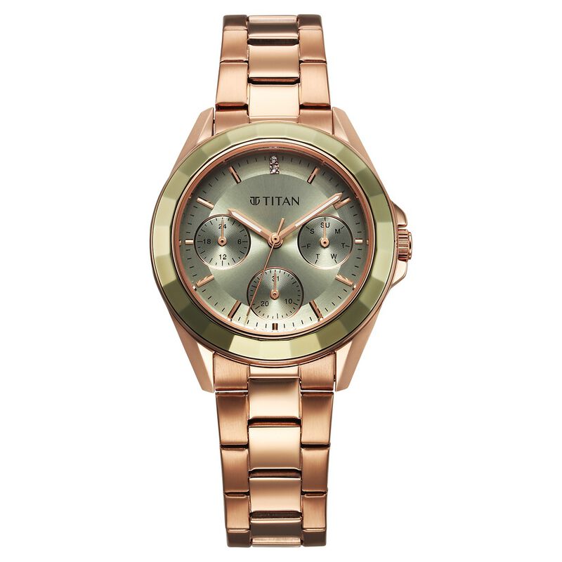 Titan Glamour Quartz Multifunction Green Dial Rose Gold Stainless Steel Strap Watch For Women