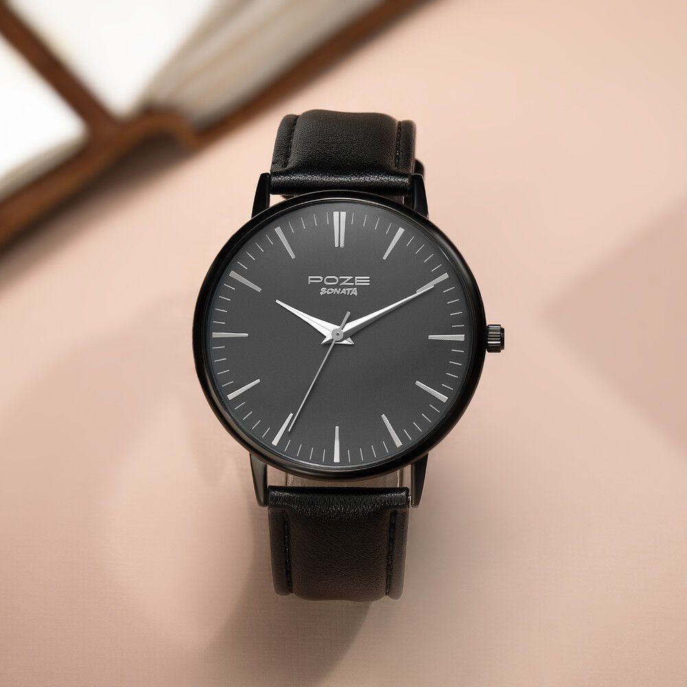 Buy Online Sonata Poze Quartz Analog Black Dial Leather Strap Watch for Men sp70029nl01w Titan