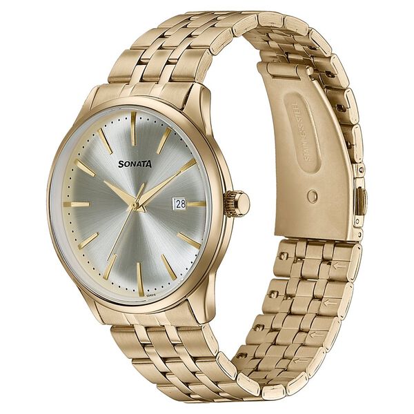 Sonata Wedding Edit Quartz Analog with Date Golden Dial Stainless Steel Strap Watch For Men - image number 3