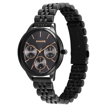 Sonata Eternia Quartz Multifunction Black Dial Metal Strap Watch For Women