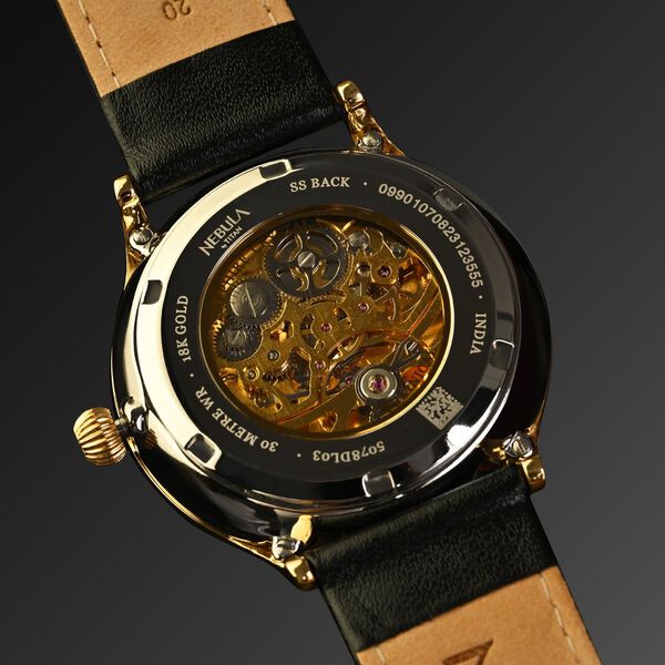 Titan Nebula Abhiyant 18k Gold Hand-Wound Mechanical Analog with Exhibition Caseback Leather Strap Watch for Men - image number 4