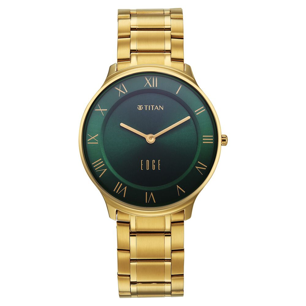 Titan Edge Gleam Quartz Analog Green Dial Golden Stainless Steel Strap Watch For Men-picture-10