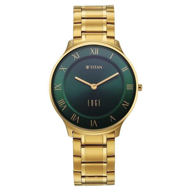 Titan Edge Gleam Quartz Analog Green Dial Golden Stainless Steel Strap Watch For Men