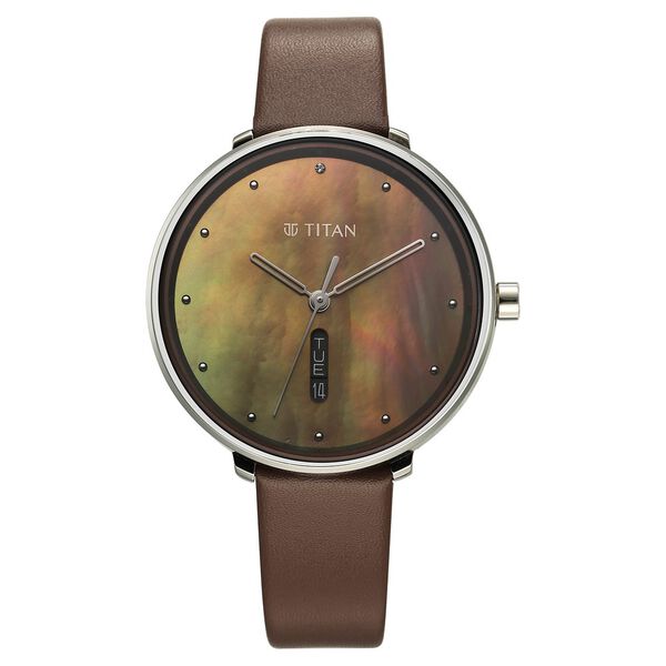Titan Neo Analog with Day and Date Mother Of Pearl Dial Brown Color Leather Strap Watch For Women - image number 0