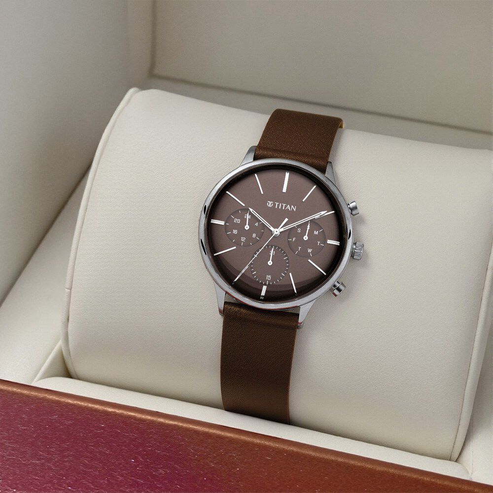 Buy Online Titan Quartz Multifunction Brown Dial Leather Strap