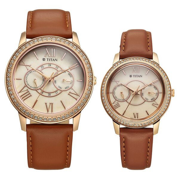 Titan Royal Bandhan Quartz Analog with Day and Date Pink Dial Brown Strap Watch For Couple - image number 0
