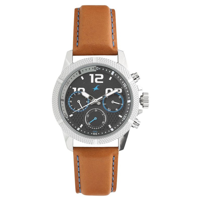 Fastrack Loopholes Quartz Multifunction Black Dial Leather Strap Watch for Guys