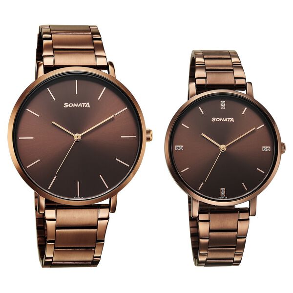 Sonata Soulmate Quartz Analog Brown Dial Brown Stainless Steel Strap Watch For Couple - image number 0