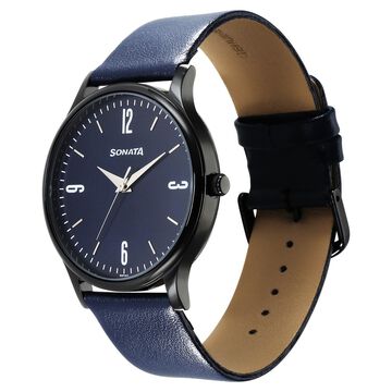 Sonata Aspire Quartz Analog Blue Dial Leather Strap Watch for Men