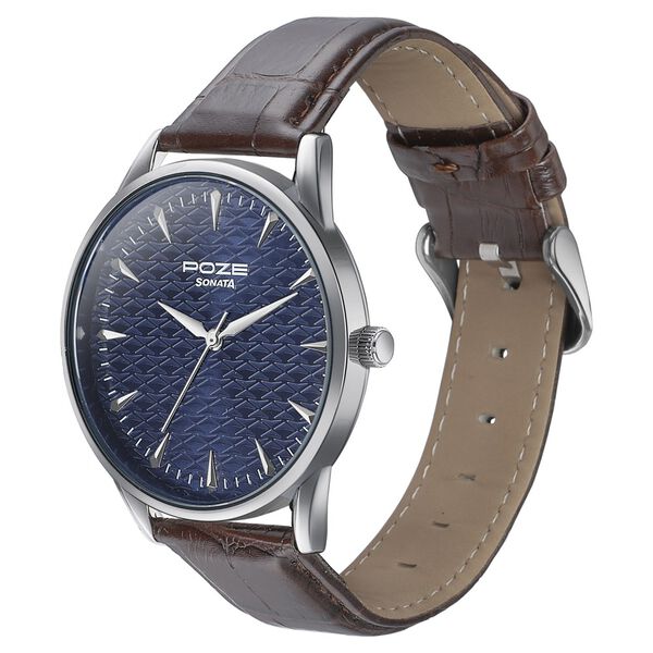Sonata Poze Quartz Analog Blue Dial Brown Color Leather Strap Watch For Men - image number 3