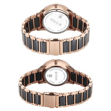 Titan Modern Bandhan Pair Analog with Black Dial Ceramic and Rose Gold Stainless Steel Strap Watch for Couples