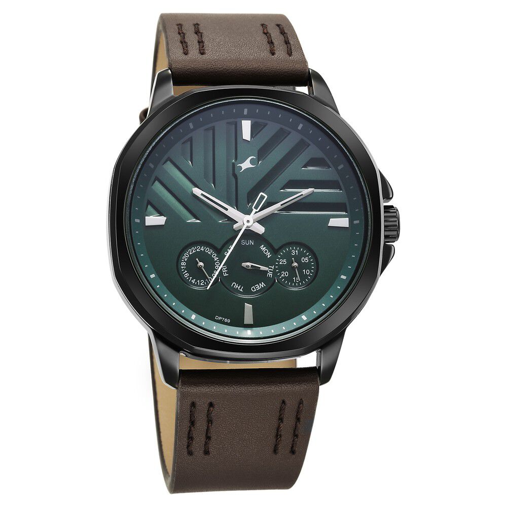 Buy Online Fastrack Fleek Quartz Multifunction Green Dial Leather Strap Watch for Guys 3303nl01 Titan