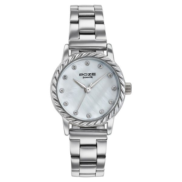 Poze By Sonata Quartz Analog White Mother of Pearl Dial Silver Metal Strap Watch For Women - image number 1